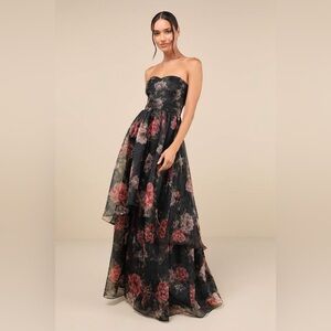 Lulus Truly Extraordinary Black Floral Organza Strapless Maxi Dress Size Medium